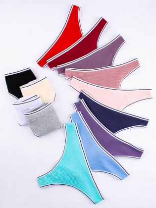 Стринги в рубчик с белым поясом и черной полоской  - фото 2